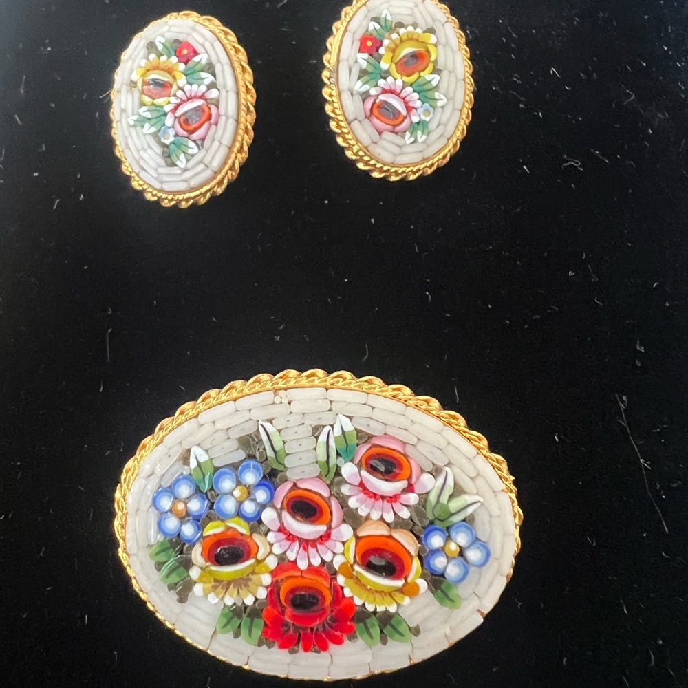 Antique Micro Mosaic Floral Brooch and Clip on Earring Set